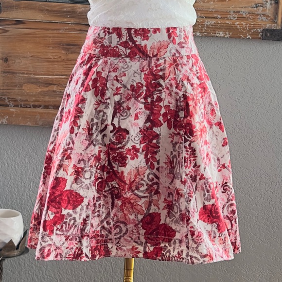 Gap Ivory Red Pink Abstract Floral Full Cotton Side Zip Skirt with Pockets -Sz 0 - Picture 2 of 14